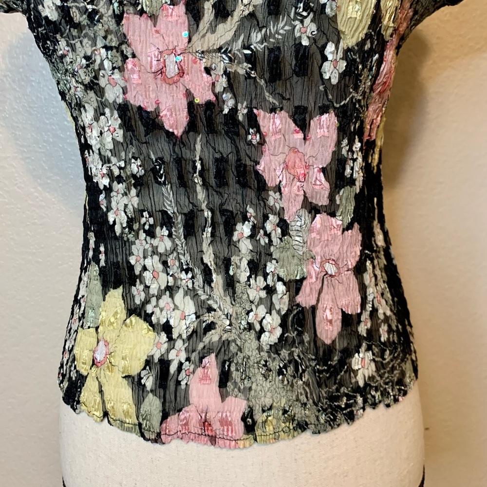 Alberto Makali Floral Semi-Sheer Top Short Sleeves Sequins Details Black Medium - Picture 4 of 14